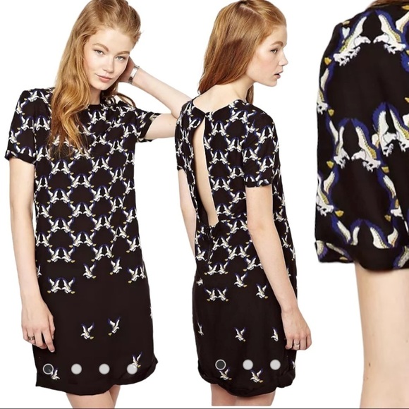 Eleven Paris Dress Teagle Bird Print With Cut Out Back ASOS M Size 8 US - Picture 1 of 16